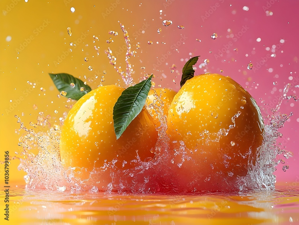 Poster two vibrant oranges with fresh green leaves splash into water, creating a dynamic and refreshing sce