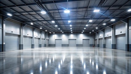 Fototapeta premium Night time garage with white lights reflected on concrete floor