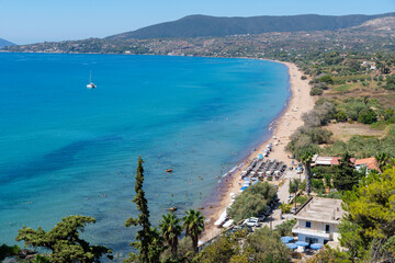 Obraz premium Zagka beach in Koroni under the castle, Peloponnese, Greece