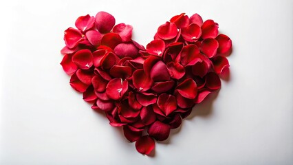 Macro romantic red rose petal heart on a white surface