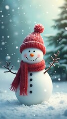 Smiling snowman in red hat and scarf stands in the middle of snowy forest, symbol of winter and Christmas holidays . For New Year cards. Christmas banner background 