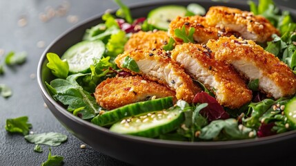 A vibrant salad topped with crispy chicken, garnished with cucumber and sesame seeds.