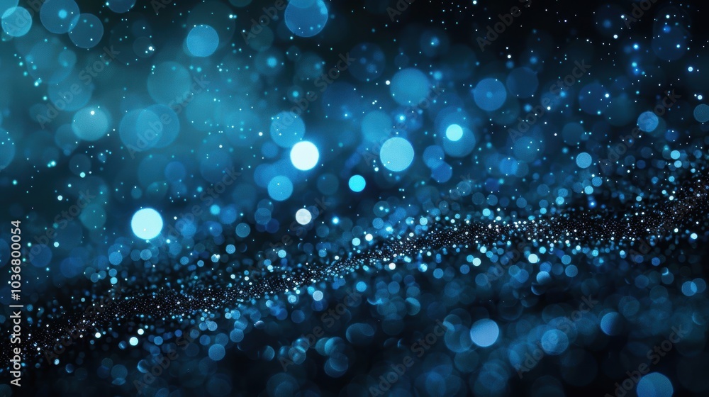 Poster neon blue particles on a dark background create a bokeh effect, featuring cosmic aesthetics with spa