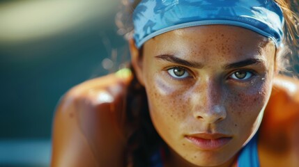 Portrait of a strong, motivated female tennis athlete embodying determination, health, and empowerment, ready for competitive fitness training