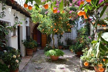 Obraz premium Charming Spanish Courtyard with Orange Tree and Flowers