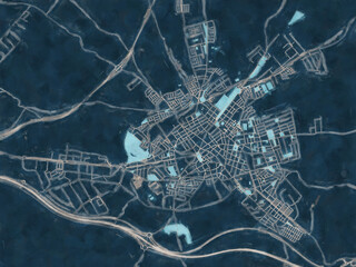 Painterly Style City Map of Linares, Spain in a Blue Color Scheme.