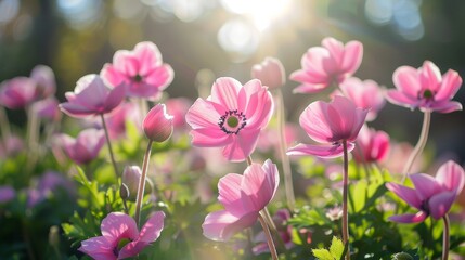 Obraz premium Delicate Pink Anemones Blooming in Sunlight