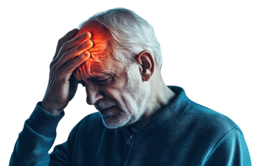 Older man suffering from headache, holding head, isolated on transparent cutout background