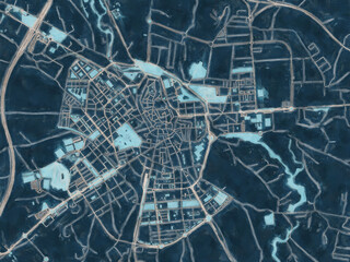 Painterly Style City Map of Huesca, Spain in a Blue Color Scheme.