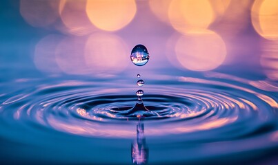 A vibrant image showcasing a water droplet falling and creating ripples in a colorful backdrop, capturing the beauty of movement and light.