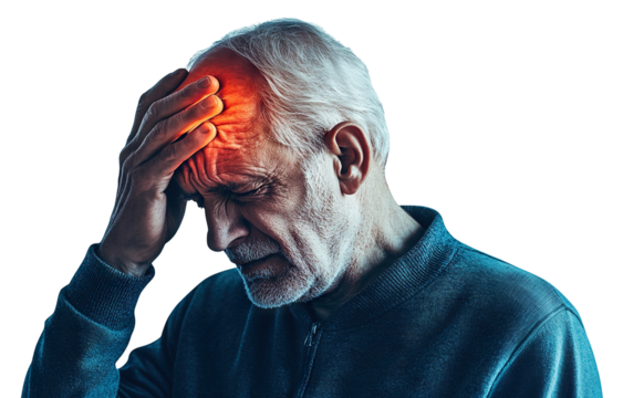 Older man suffering from headache, holding head, isolated on transparent cutout background