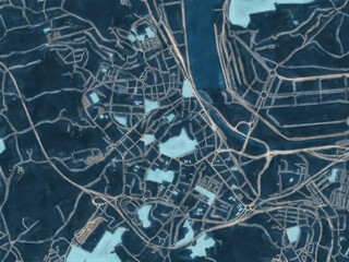 Painterly Style City Map of Aviles, Spain in a Blue Color Scheme.