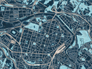 Painterly Style City Map of Bilbao Centro, Spain in a Blue Color Scheme.