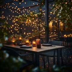 A cozy outdoor dining setup illuminated by string lights.