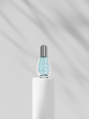 Water drop shape serum bottle on podium mockup, aluminum push button dropper cap and cylindrical glass bottle mockup, 30 ml liquid cosmetic packaging standing on beautiful shadow overlay background