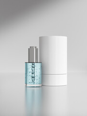 Luxury cosmetic dropper bottle and cylindrical paper tube packaging mockup, front view of aluminum cap cylindrical skincare serum bottle and paper box container, premium cosmetic packaging mockup