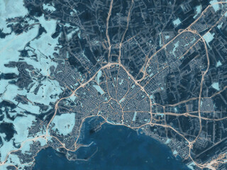 Painterly Style City Map of Palma de Mallorca, Spain in a Blue Color Scheme.