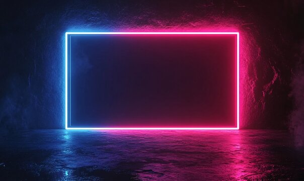 A glowing neon frame in pink and blue colors set against a dark, misty background. Ideal for showcasing digital art or promotional content.