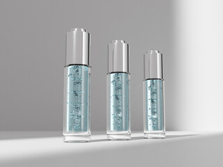 Set of facial serum dropper bottle mockup, set of aluminum push button dropper bottles packaging, premium liquid dropper container isolated on high contrast background, pressed button dropper bottle