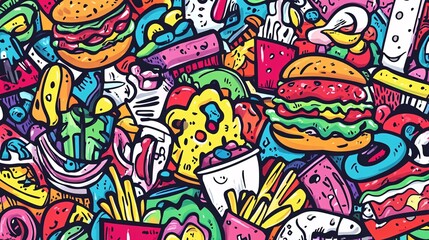 Fototapeta premium A vibrant and colorful illustration featuring a variety of fast food items including burgers, fries, and desserts, set against a lively backdrop.