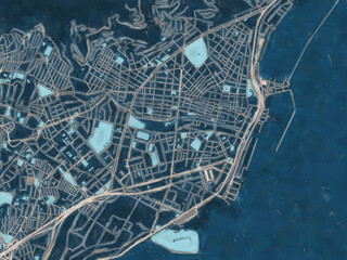 Painterly Style City Map of Santa Cruz de Tenerife, Spain in a Blue Color Scheme.