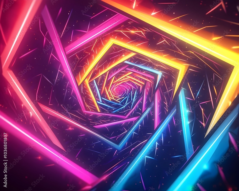 Poster neon vortex background with vibrant spiraling triangles and dynamic lighting effects