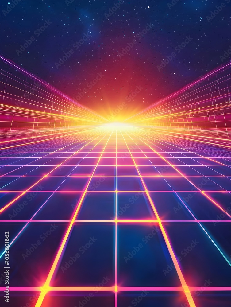 Poster Glowing Neon Grid Stretching into Boundless Cosmic Horizon