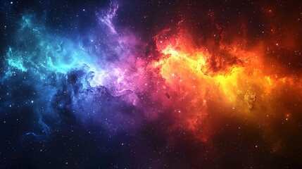 Obraz premium An abstract cosmic scene featuring vibrant colors of blue, purple, orange, and red swirling through a star-filled galaxy, evoking a sense of wonder and mystery.