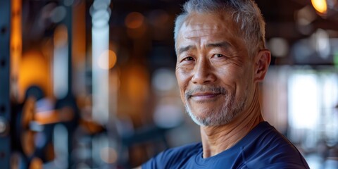 Naklejka premium Selfie of an older man in the gym showcasing his biceps, highlighting fitness and motivation after a workout, with a focus on health and well-being