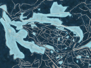 Painterly Style City Map of Segovia, Spain in a Blue Color Scheme.