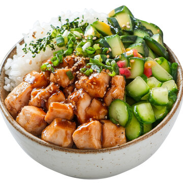 Delicious sous vide chicken poke bowl with fresh vegetables and rice, served in a rustic bowl, png portion of sous vide chicken poke bowl