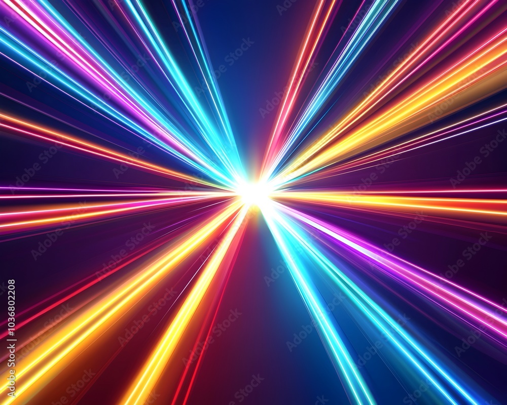 Poster neon background with bursting rays of colorful streaks creating a dynamic explosive effect
