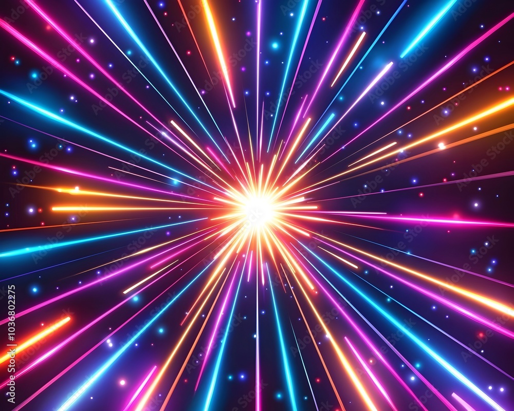 Poster vibrant neon explosion with bursting colorful rays forming dynamic abstract background