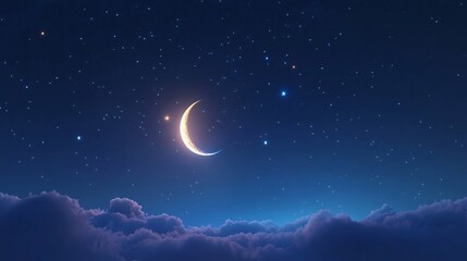 A serene night sky featuring a crescent moon surrounded by stars and soft clouds, creating a tranquil celestial scene.