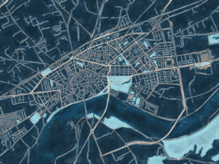 Painterly Style City Map of Talavera de la Reina, Spain in a Blue Color Scheme.