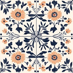 A vibrant floral pattern featuring peach-colored flowers and dark green leaves on a light cream background, adding a lively touch to any design.