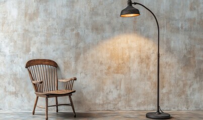 A wooden chair sits in front of a wall with a lamp on the floor
