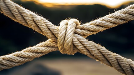 Complex web of interconnected ropes symbolizing intricate business relationships and antitrust challenges, with a focused foreground rope representing the effort to break monopolies.