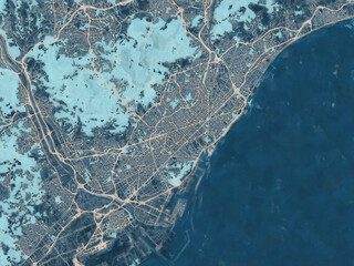 Painterly Style City Map of Barcelona Metropolis, Spain in a Blue Color Scheme.