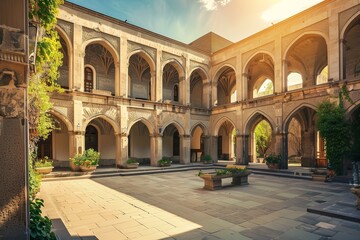 Fototapeta premium Majestic Courtyard with Stone Arches and Sunlit Patio