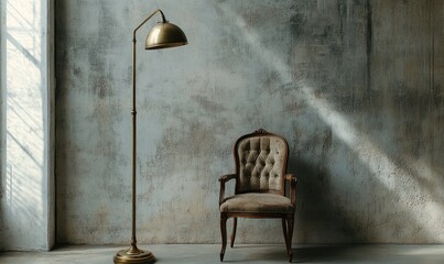 A lamp and a chair are sitting in a room with a wall