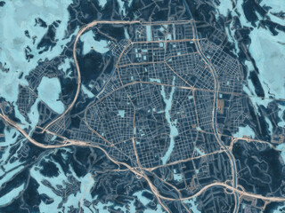 Painterly Style City Map of Terrassa, Spain in a Blue Color Scheme.