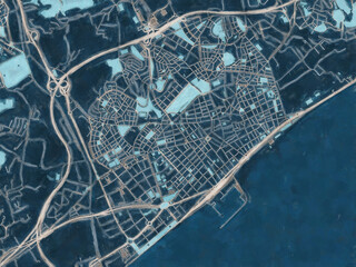 Painterly Style City Map of Mataro, Spain in a Blue Color Scheme.