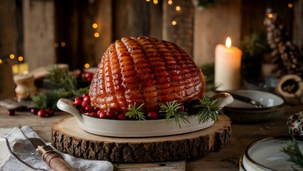 A christmas glazed ham sits on a wooden serving board with cranberries and rosemary. A candle and rustic wooden background create a festive ambiance.