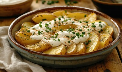 A bowl of potatoes with a white sauce and chopped parsley on top