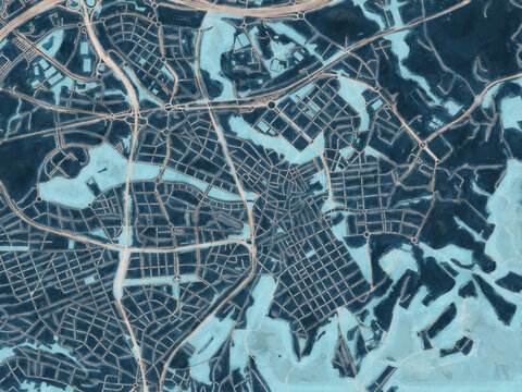 Painterly Style City Map of Sant Cugat del Valles, Spain in a Blue Color Scheme.