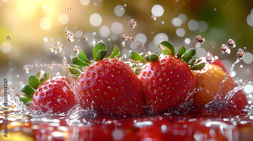 Poster close-up of fresh strawberries splashing into water, capturing the vibrant red color and droplets, c