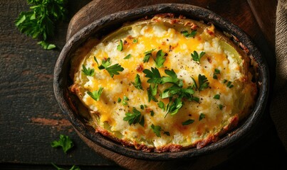 A bowl of food with cheese and parsley on top