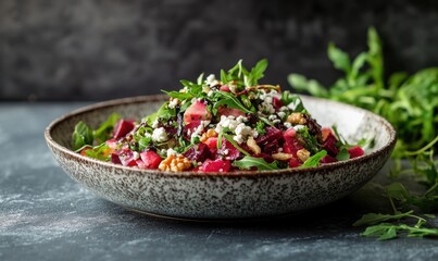 A bowl of salad with beets, nuts, and greens
