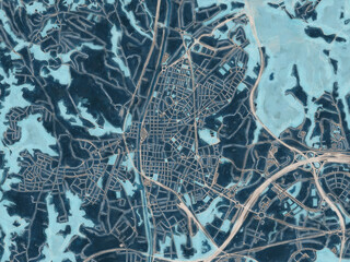 Painterly Style City Map of Rubi, Spain in a Blue Color Scheme.